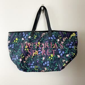 Victorias Secret Tote Bag Large Floral Flower Navy Blue Zippered Canvas Beach